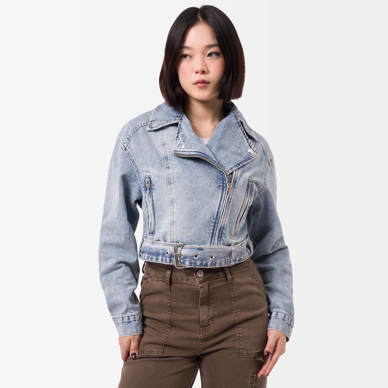 Casaca Biker Crop Denim Ring Tiniet Frost Melange Diverxia